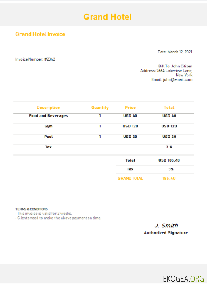 Facture du Grand Hôtel USA
